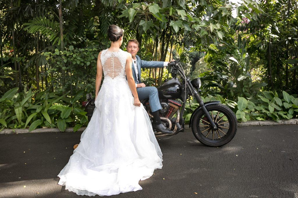 button back long bridal gown with motorcyle