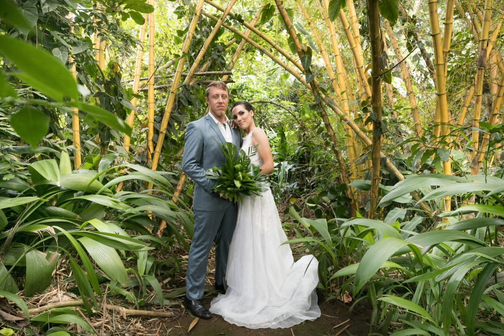 bride and groom stand in bamboo forest
